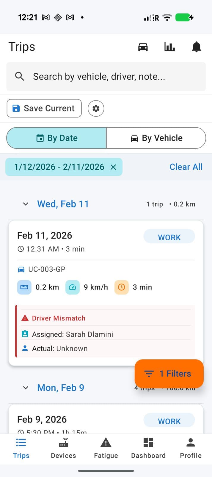 Koloi Trips screen — trip history and driver mismatch detection